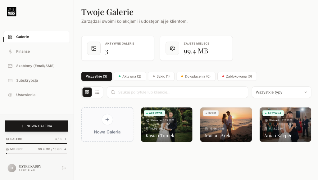 Panel fotografa WEDDMORE - zarządzanie galeriami ślubnymi
